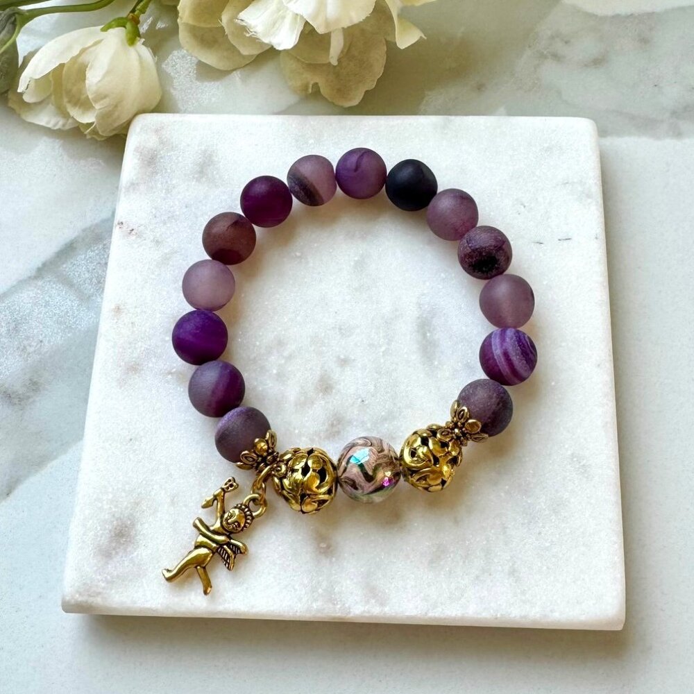 Cupid charm stretch bracelet, matte frosted purple natual agate bracelet, gypsy